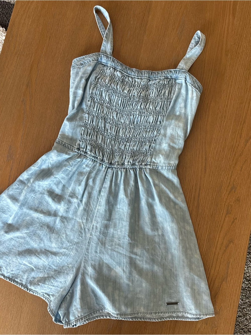 Abercrombie & Fitch Light Blue Denim Women’s Romper with Smocked Bodice